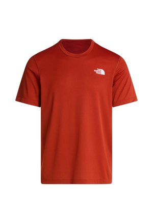 Czerwony T-shirt z krótkim rękawem i okrągłym dekoltem, z logo The North Face na lewej piersi, jednolity wzór i standardowy krój.