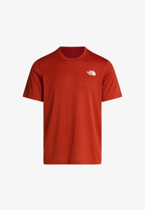 Czerwony T-shirt z krótkim rękawem i okrągłym dekoltem, z logo The North Face na lewej piersi, jednolity wzór i standardowy krój.