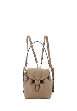 Small brown leather backpack with buckle closure, top handle, and adjustable shoulder straps shown on white background.