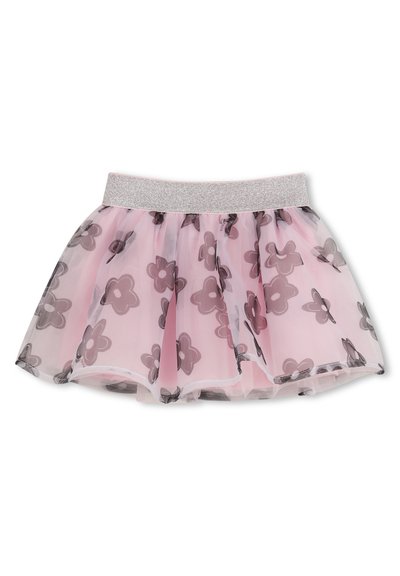 Ροζ φούστα από τούλι με γκρι λουλουδάτα σχέδια και φαρδύ ελαστικό ζωνάκι με ασημί γκλίτερ.