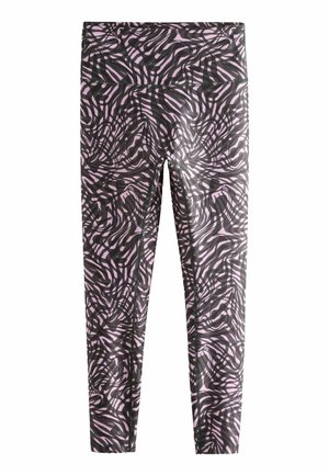 Gepatternde leggings met een draaiend ontwerp in zwart en lichtroze, gemaakt van rekbaar materiaal, met een elastische tailleband en naadloze constructie.