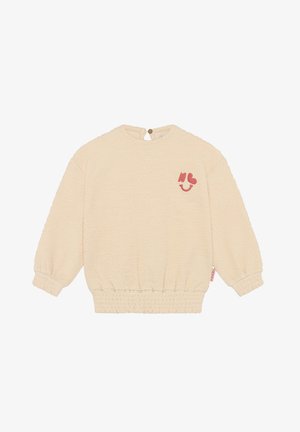 Beige tekstureret langærmet sweater til småbørn med elastiske manchetter og nederkant, knaplukning bag på halsen og rød smiley-ansigt med hjerte-detajle.