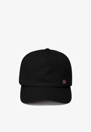 Czarna czapka z daszkiem wykonana z gładkiej tkaniny, z zakrzywionym daszkiem i małą norweską flagą wyszytą z boku.