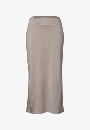 Lichtbeige, knie-lange rok met een subtiele glans en een snugge taille; heeft zijsplits voor gemakkelijk bewegen.