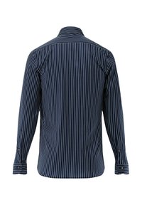 Dunkelblau gestreiftes Hemd, lange Ärmel, geknöpfte Manschetten, vertikale weiße Streifen, klassischer Kragen, glatte Stofftextur, Rückansicht.
