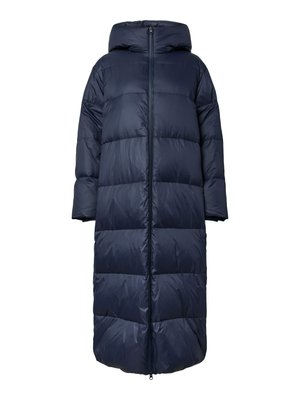 Navy blue puffer coat with a hood, featuring a front zipper, oversized design, and quilted texture. The hem reaches mid-calf length.