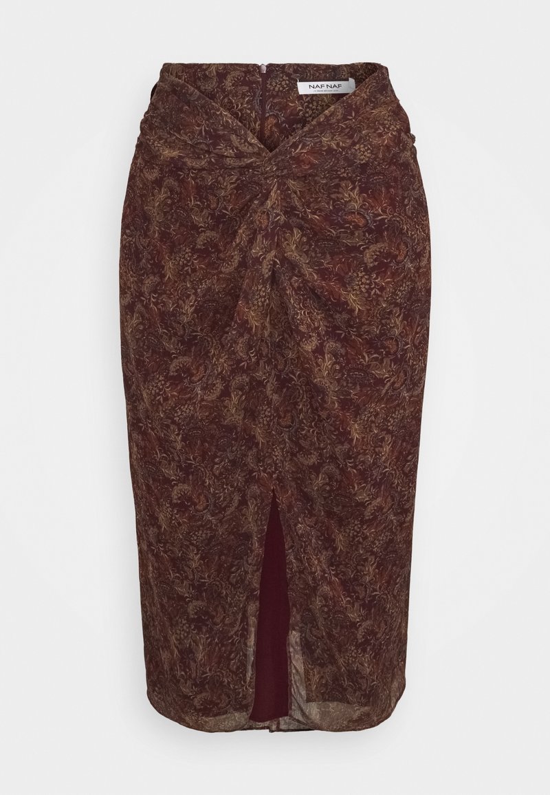 Brun mönstrad midikjol i blommönster med slits fram och rynkdetalj i midjan, med en dragkedjestängning i ryggen.