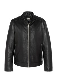 Chaqueta de cuero negro con cuello alzado, cierre frontal de cremallera, dos bolsillos laterales y textura suave. Diseño ajustado, sin adornos.