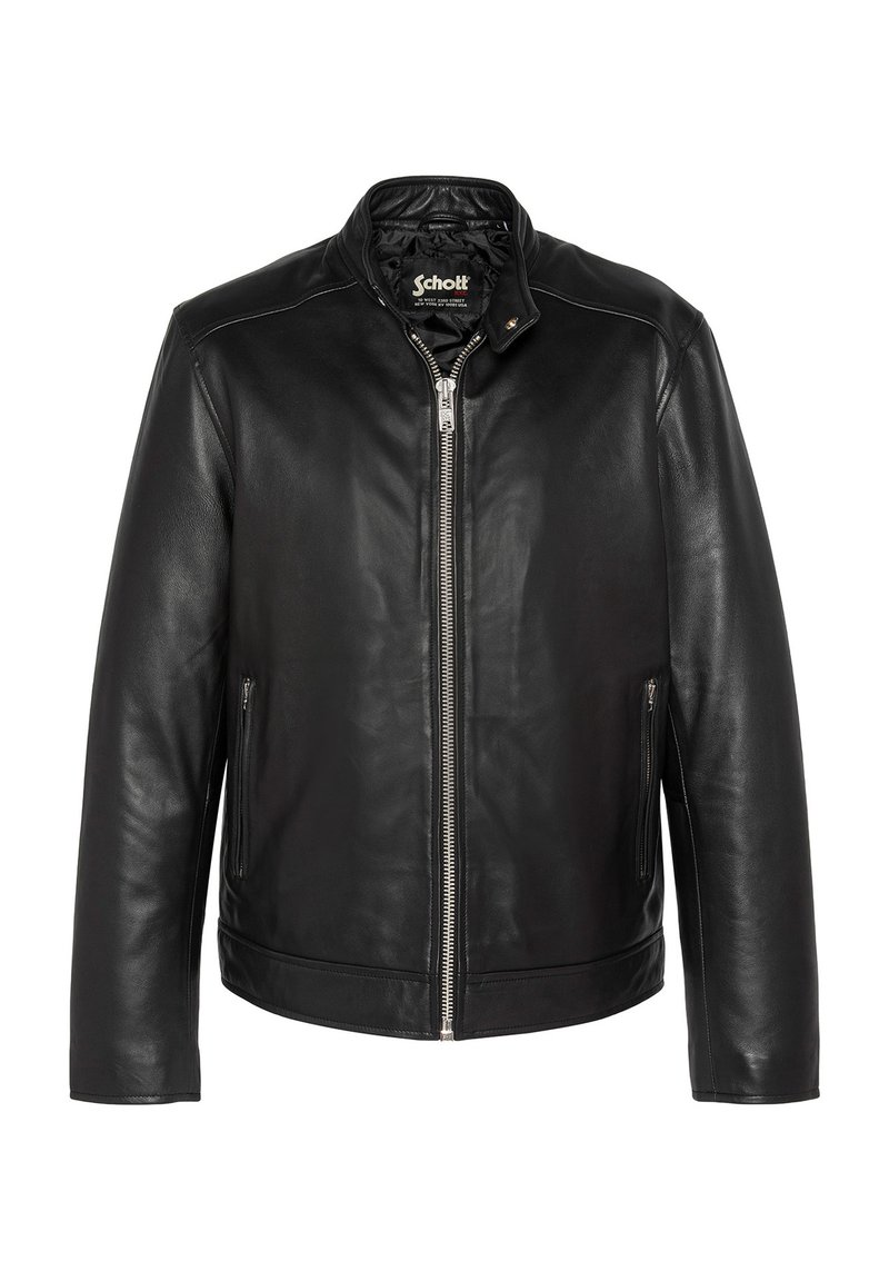 Chaqueta de cuero negro con cuello alzado, cierre frontal de cremallera, dos bolsillos laterales y textura suave. Diseño ajustado, sin adornos.