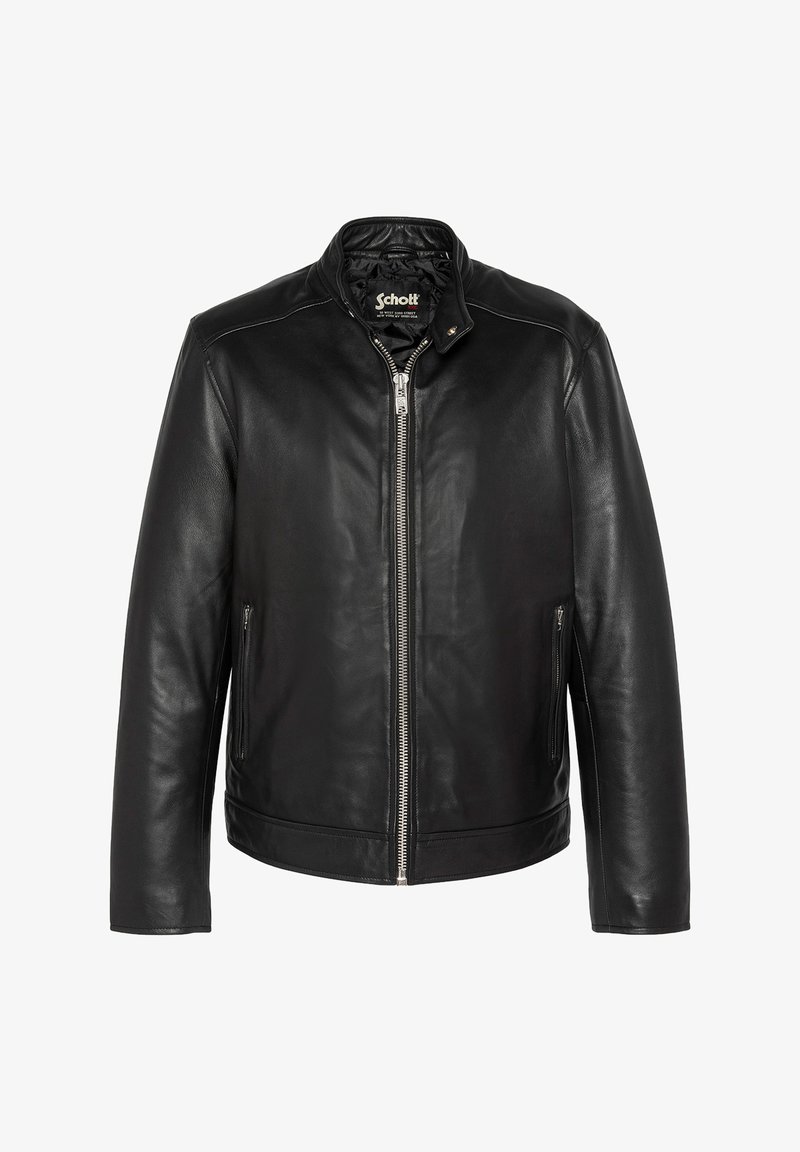 Chaqueta de cuero negro con cuello alzado, cierre frontal de cremallera, dos bolsillos laterales y textura suave. Diseño ajustado, sin adornos.