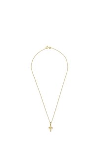 Goldfarbene Kreuzanhänger-Halskette an einer zarten Kette. Merkmale ein einfaches Kreuzdesign, glatte Oberfläche und sicheren Karabinerverschluss.