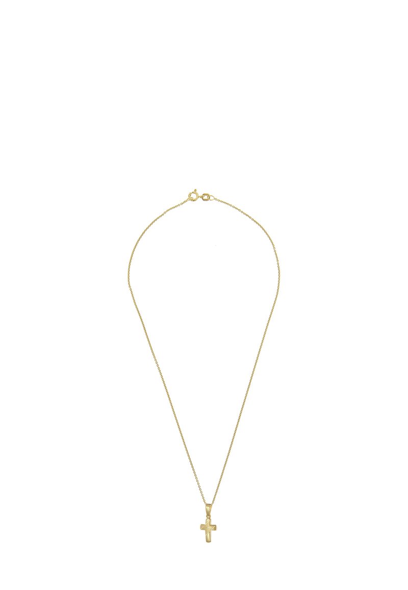 Goldfarbene Kreuzanhänger-Halskette an einer zarten Kette. Merkmale ein einfaches Kreuzdesign, glatte Oberfläche und sicheren Karabinerverschluss.