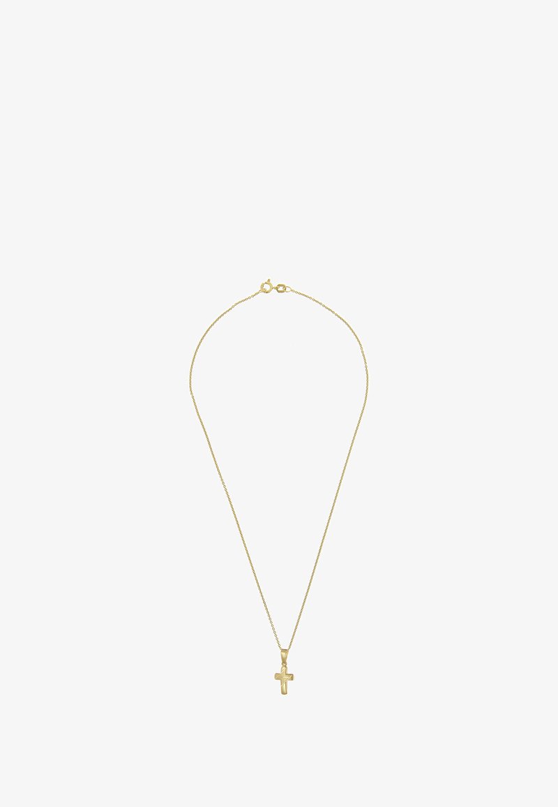 Goldfarbene Kreuzanhänger-Halskette an einer zarten Kette. Merkmale ein einfaches Kreuzdesign, glatte Oberfläche und sicheren Karabinerverschluss.
