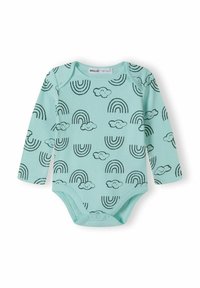 Bodi za bebe dugih rukava u svijetloj nijansi metvice s crnim uzorcima duge i oblaka. Mekani, rastezljivi pamučni materijal s kopčama na dugmad.
