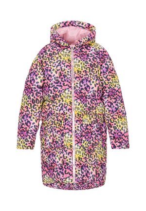 Gewatteerde jaguar-print jas in pink, geel en groen, met een capuchon, ritssluiting aan de voorkant, twee zijzakken en een zachte binnenvoering.