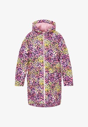 Pūstas leopardų rašto paltas rožinės, geltonos ir žalios spalvų, su kapučiuku, priekiniais užtrauktukais, dviem šoninėmis kišenėmis ir minkštu vidiniu pamušalu.