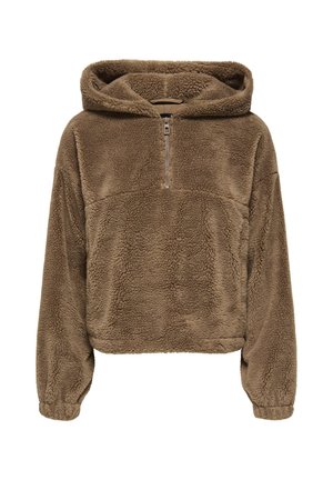 Bruine fleece hoodie met een halve rits, elastische manchetten en een ontspannen pasvorm. De stof heeft een zachte, gestructureerde uitstraling.