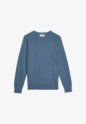 Himmelblauer Pullover aus weichem Strickmaterial, mit Rundhalsausschnitt, langen Raglanärmeln und leicht strukturiertem Finish.