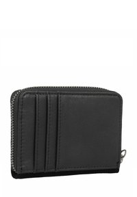 Zwarte leren portemonnee met een ritssluiting, voorzien van drie kaartsleuven aan de ene kant en een gestructureerd oppervlak voor grip.