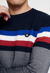 Gestrickter Pullover mit horizontalen Streifen in Blau, Rot, Weiß und Marineblau, einem strukturierten Muster und einem kleinen schwarzen Logo auf der Brust.