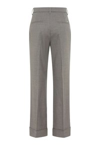 Grijze op maat gemaakte broek met een gestructureerde stof, recht ontwerp en omgeslagen manchetten. Voorzien van twee achterzakken en een discreet merklogo.