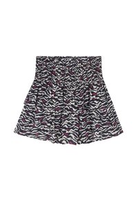 Gonna con stampa zebra in bianco, nero e rosa; presenta una vita smock e volant a strati; realizzata in un tessuto leggero e flessibile.