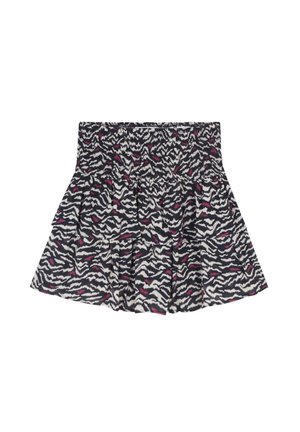Black, white, and pink zebra-print skirt; features a smocked waistband and layered ruffles; made from flexible, lightweight fabric.