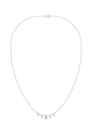 Zarte goldene Halskette mit einer gebogenen Silberstange und fünf kleinen hängenden Anhängern, darunter ein zentrales kreuzförmiges Anhänger mit Steinen.