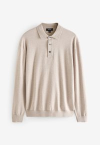 Beige långärmad polo med mjukt tyg, med krage, treknäppning och ribbade ärmslut.
