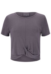 Grå t-shirt med korta ärmar i ribbat tyg. Har en knutdetalj framtill och en rundad halsringning. Enkelt och avslappnat design.