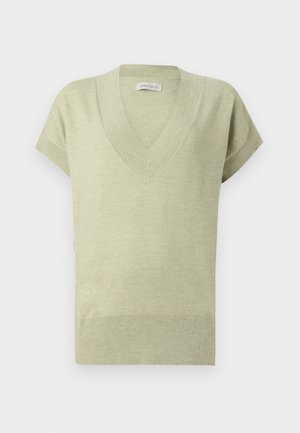 Φωτεινό πράσινο πλεκτό γιλέκο με κοντά μανίκια, βαθύ V-λαιμόκοψη και ριμπ τελείωμα στη μέση και τις άκρες των μανικιών, ετικέτα με την ένδειξη "Anna Field".