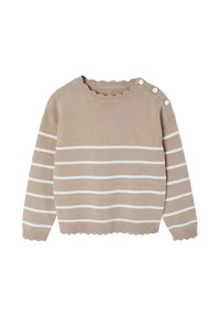 Beige Sweater mit weißen horizontalen Streifen, geripptem Ausschnitt, gewelltem Saum und vier dekorativen Knöpfen an der linken Schulter.