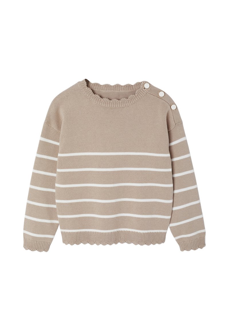 Beige Sweater mit weißen horizontalen Streifen, geripptem Ausschnitt, gewelltem Saum und vier dekorativen Knöpfen an der linken Schulter.