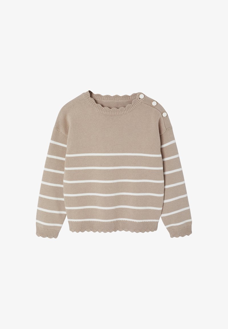 Beige Sweater mit weißen horizontalen Streifen, geripptem Ausschnitt, gewelltem Saum und vier dekorativen Knöpfen an der linken Schulter.