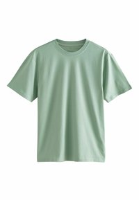 Majica od pamuka u mint zelenoj boji, kratki rukavi, okrugli izrez, glatka tekstura, opušteni kroj, bez uzoraka ili ukrasa, minimalni dizajn.