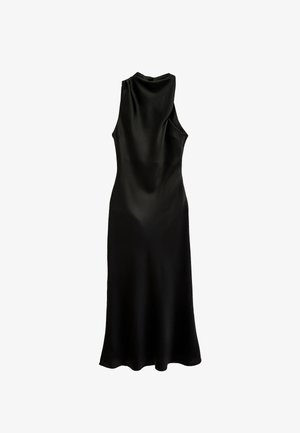 Vestido midi sin mangas de satén negro con escote alto y cintura ajustada, que presenta una silueta suave y fluida.