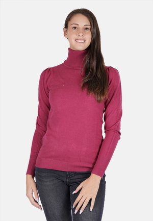 Maglione a collo alto magenta aderente con polsini e orlo a costine, realizzato in tessuto morbido, con spalle a sbuffo e maniche lunghe.