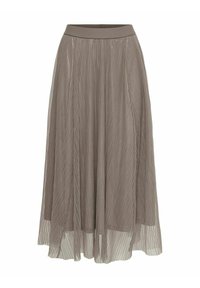 Jupe midi plissée en taupe avec une taille élastique, présentant une silhouette fluide et une texture transparente, superposée à une doublure opaque.