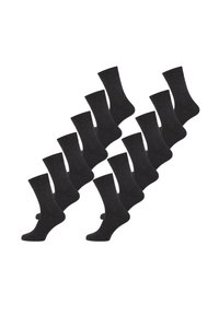 Sorte ankelsokker arrangeret diagonalt. Fremstillet af et blødt, elastisk materiale med en ribbet kant, der har en glat tekstur uden mønstre.