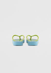 Blue flip-flops with a smooth texture, featuring green straps shaped like hearts and a patterned footbed with a tropical design.