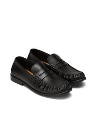 Black leather loafers with a rounded toe, front stitching detail, and a low heel. Smooth texture with a non-slip sole.