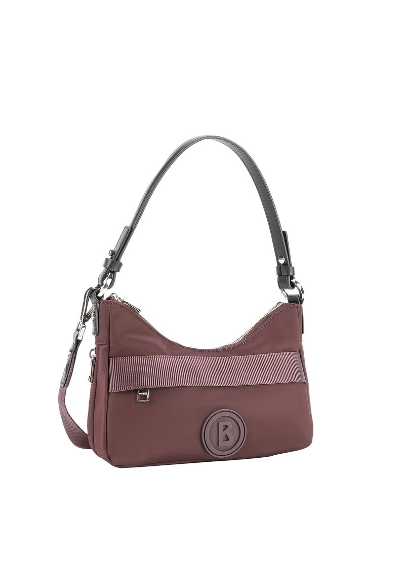 Mariah Hobo-Tasche aus tiefburgunderfarbenem Nylon mit gestreiftem Stoffakzent, geprägtem Logo und einem eleganten grauen Schultergurt. Mit Reißverschluss.