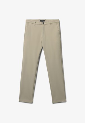 Beige Hosen aus einem glatten, leichten Stoff mit zwei frontalen Taschen und einem Reißverschluss mit Knopfverschluss.