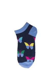 Calzino blu navy con bordo azzurro, caratterizzato da un motivo a farfalle nei colori rosa, giallo e verde. Materiale a maglia morbida.