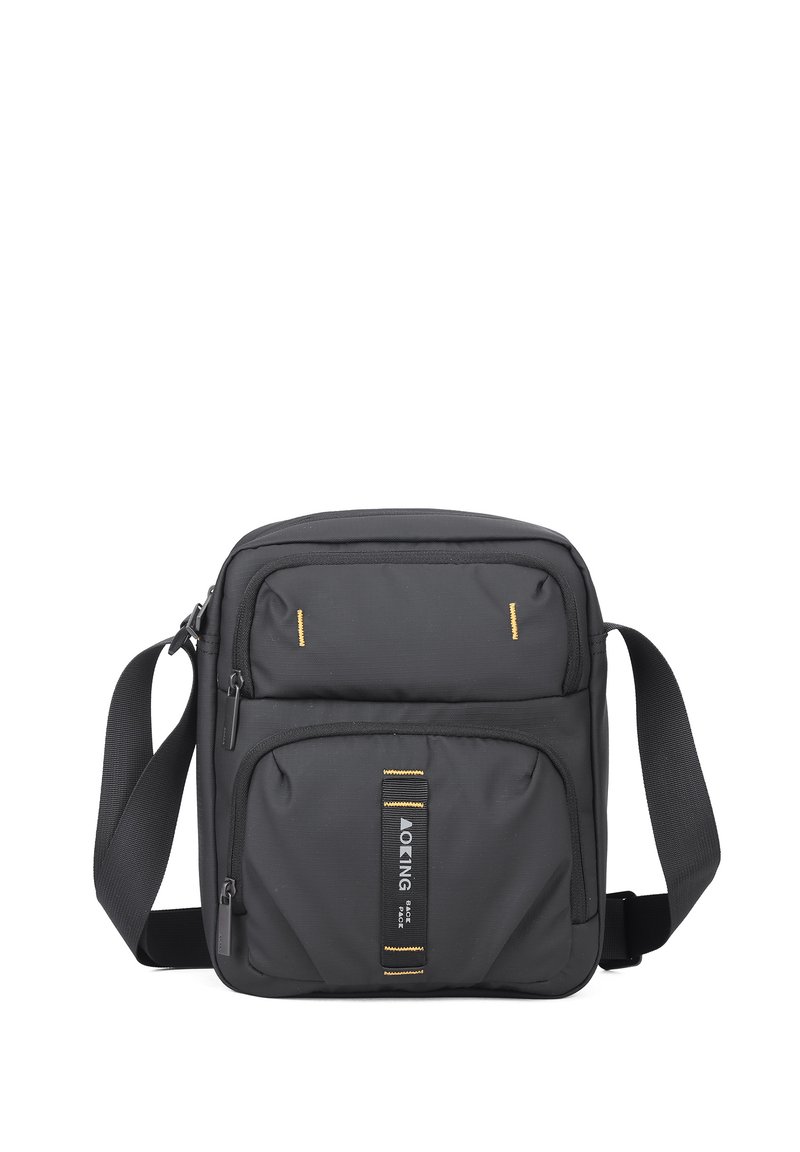 Borsa a tracolla nera con superficie testurizzata, dotata di due cerniere frontali, dettagli gialli e una tracolla regolabile per versatilità.
