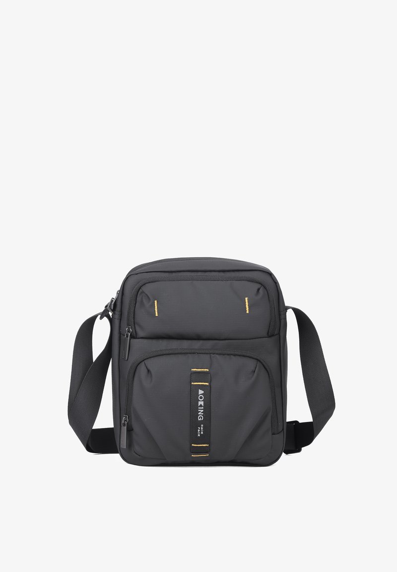 Borsa a tracolla nera con superficie testurizzata, dotata di due cerniere frontali, dettagli gialli e una tracolla regolabile per versatilità.