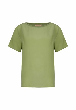 Licht olijfgroene blouse met korte mouwen, ronde hals, rechte zoom en een etiket aan de binnenkant van de kraag met de tekst "Falconeri."