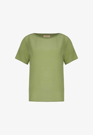 Leicht olivgrüne Kurzarmbluse mit rundem Ausschnitt, geradem Saum und einem Etikett innen am Kragen mit der Aufschrift „Falconeri“.