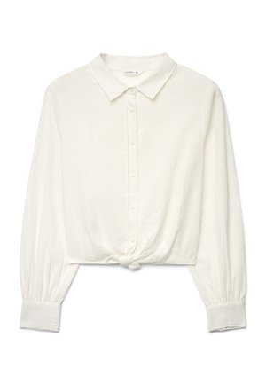 Camicia bianca a maniche lunghe con colletto, bottoni sul davanti e dettaglio nodo all'orlo corto.