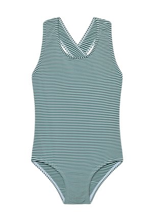 Gestreifter Badeanzug in Türkis und Weiß, mit überkreuztem Rückendesign, ärmellosem Stil und glattem Stoff mit gleichmäßigen horizontalen Streifen.